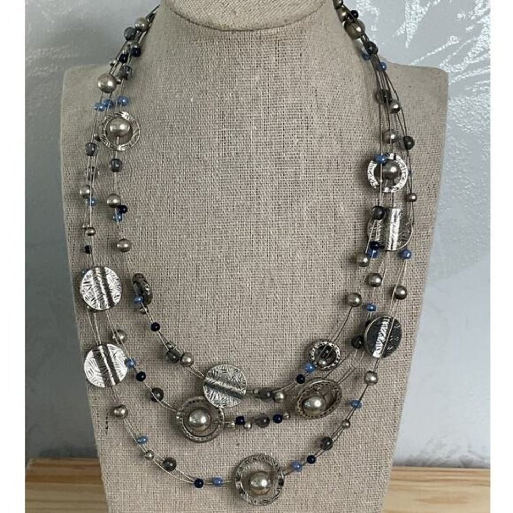 Multi-Strand Silver Necklace With Blue & Gray Beads Adjustable Length